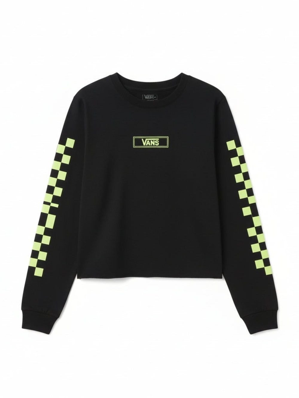 Vans Black Cropped Crewneck with Neon Green Checkerboard